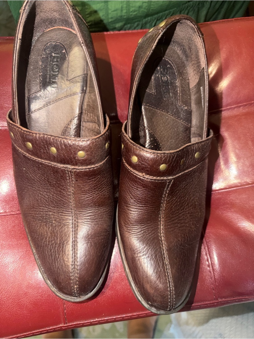 Born Dark Brown Leather Slip-On Clog with Brass Stud Accents